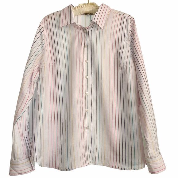 Talbots Rainbow Pin Stripe White Cotton Blouse LP - Picture 1 of 6